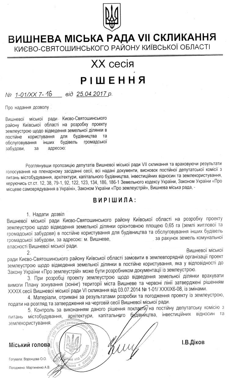 РІШЕННЯ ХХ СЕСІЇ VIІ СКЛИКАННЯ від 25.04.2017 року